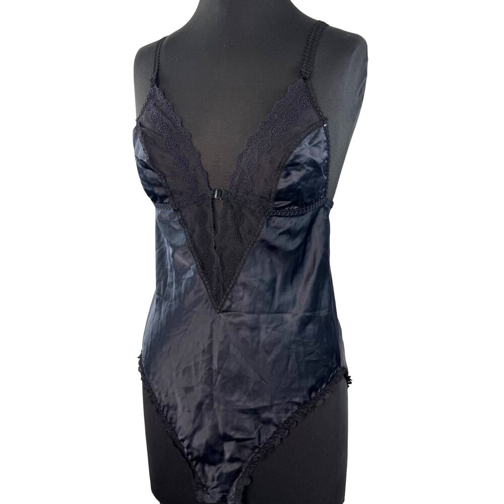 VINTAGE Lily Of France Black Teddy Bodysuit Lace Floral Satin Spaghetti Strap 34